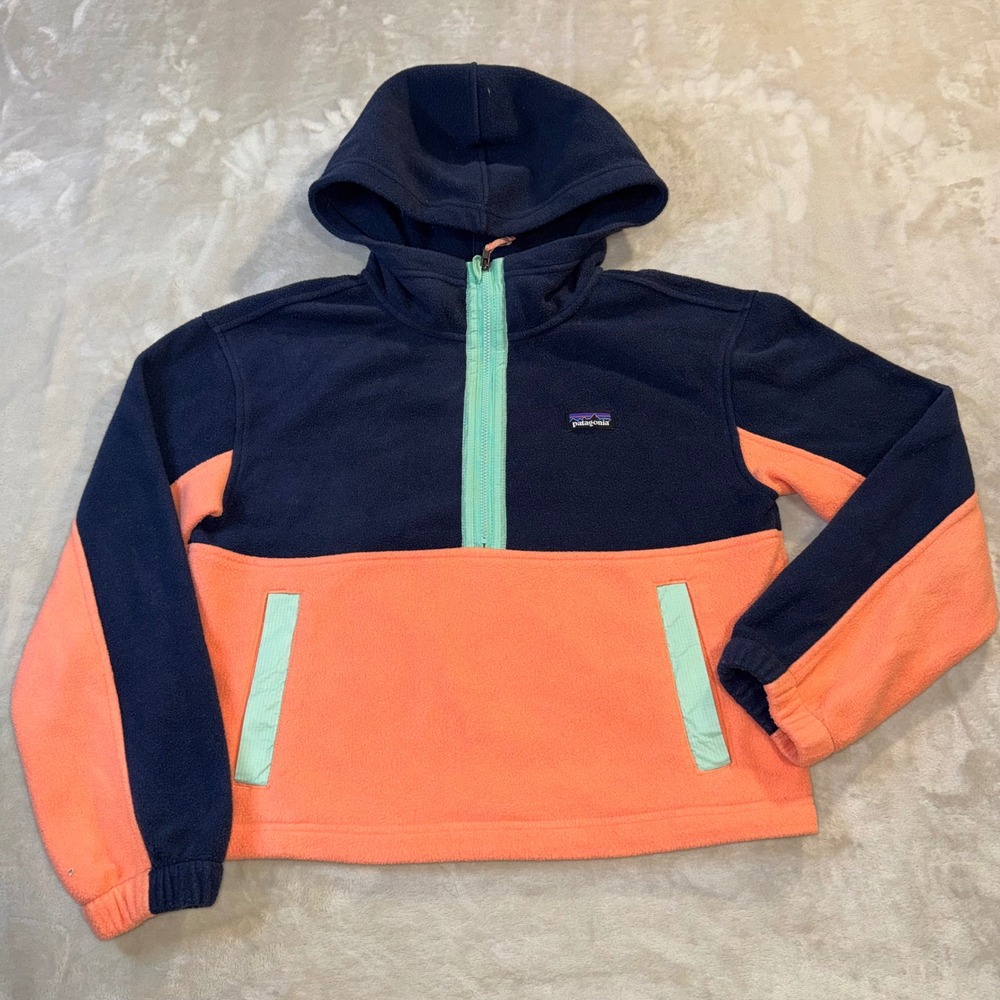 Patagonia Kids Large Fleece Hoodie Quarter Zip Colorblock Navy Coral Orange